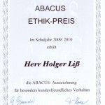 ABACUS-Urkunde: Ethik-Preis 2009/2010 - für ABACUS Nachhilfe in Hamburg und Kreis Stormarn