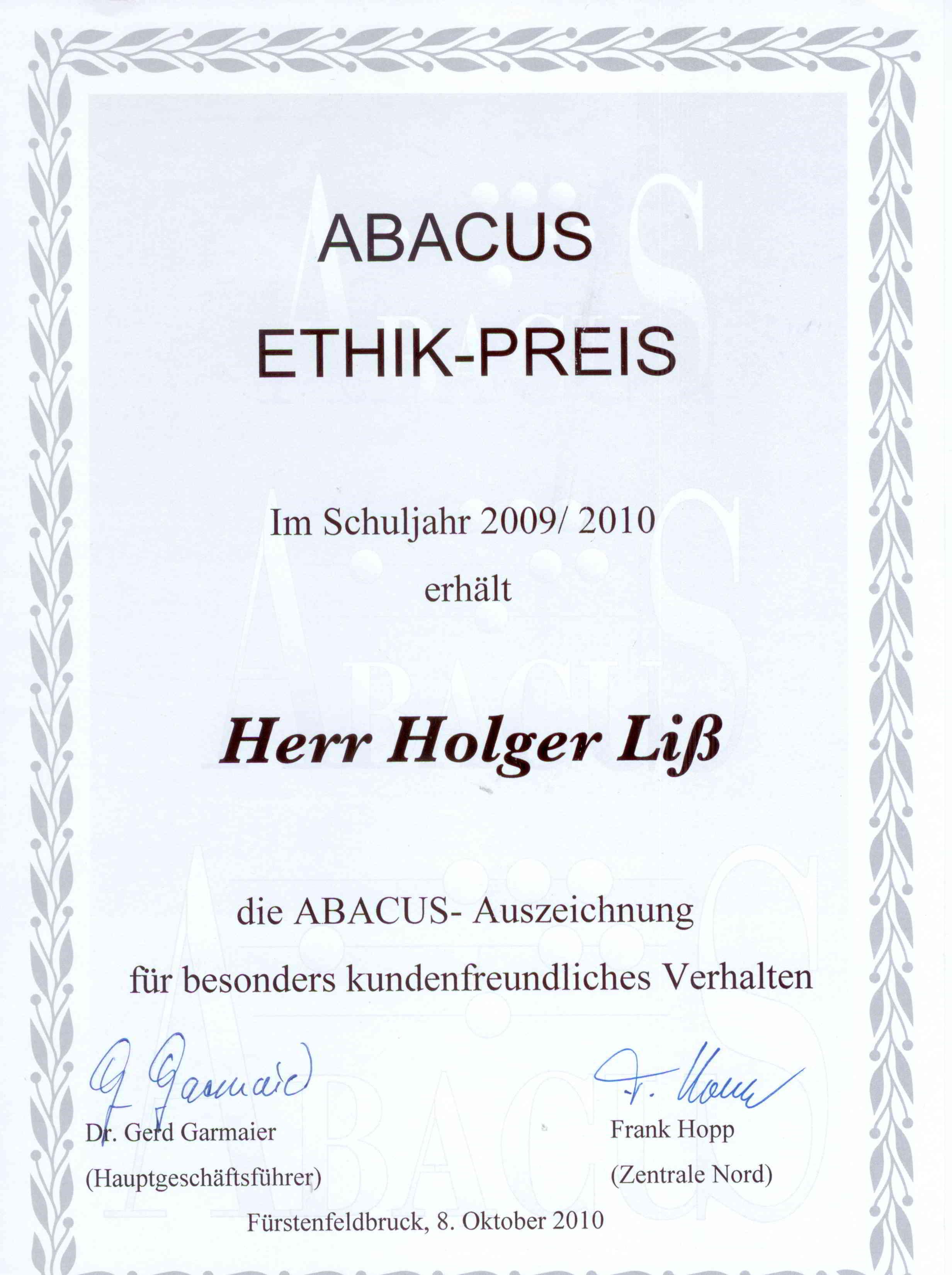 ABACUS-Urkunde: Ethik-Preis 2009/2010