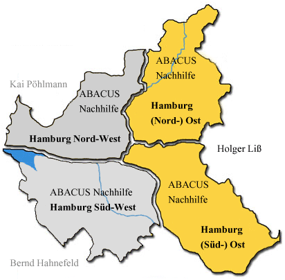 ABACUS Nachhilfeinstitute in Hamburg: Visualisierung der Zuständigkeiten der 3 ABACUS Nachhilfeinstitute für Nachhilfe in Hamburg